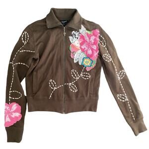 Guess Vintage Brown Floral High Neck Full Zip Sweater